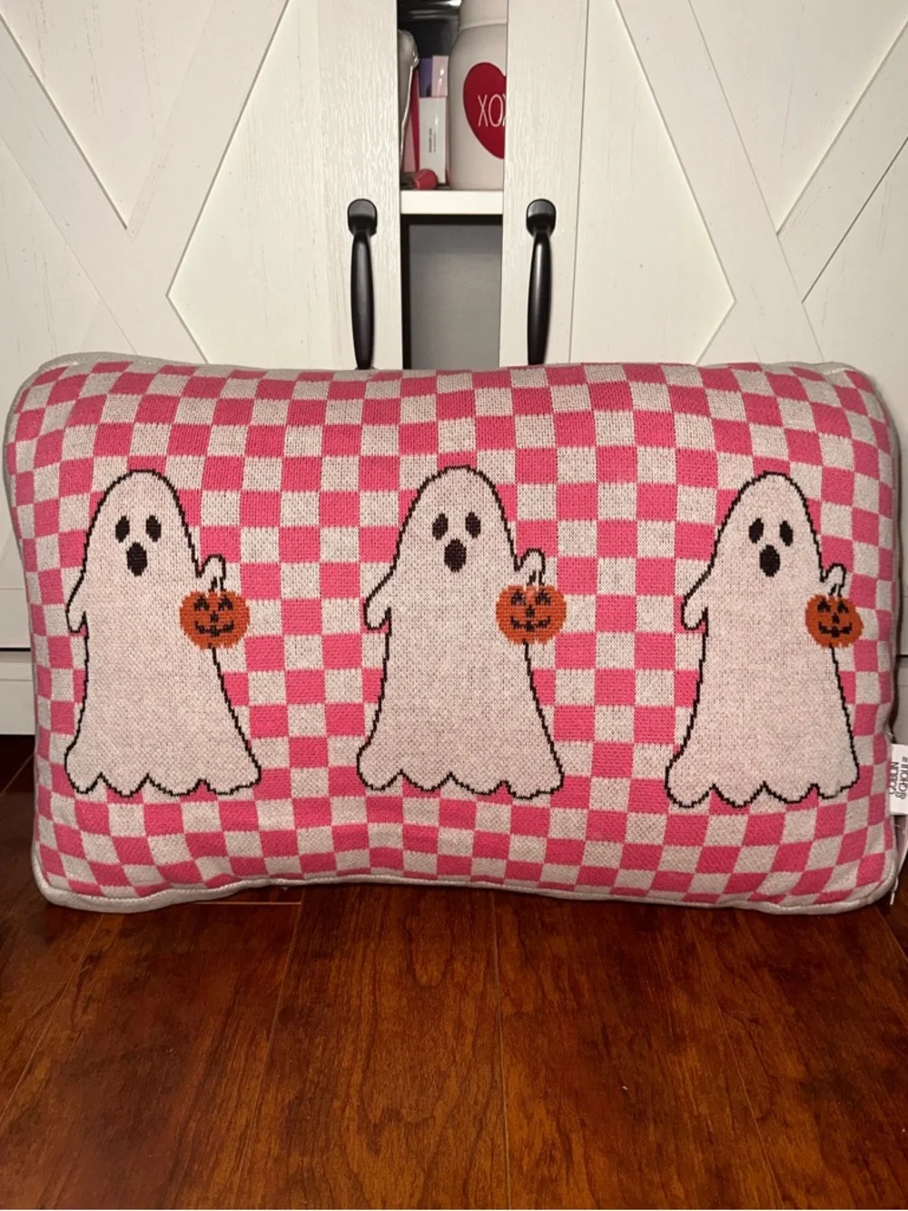 Pink Checkered Ghost Halloween Decorative Pillow